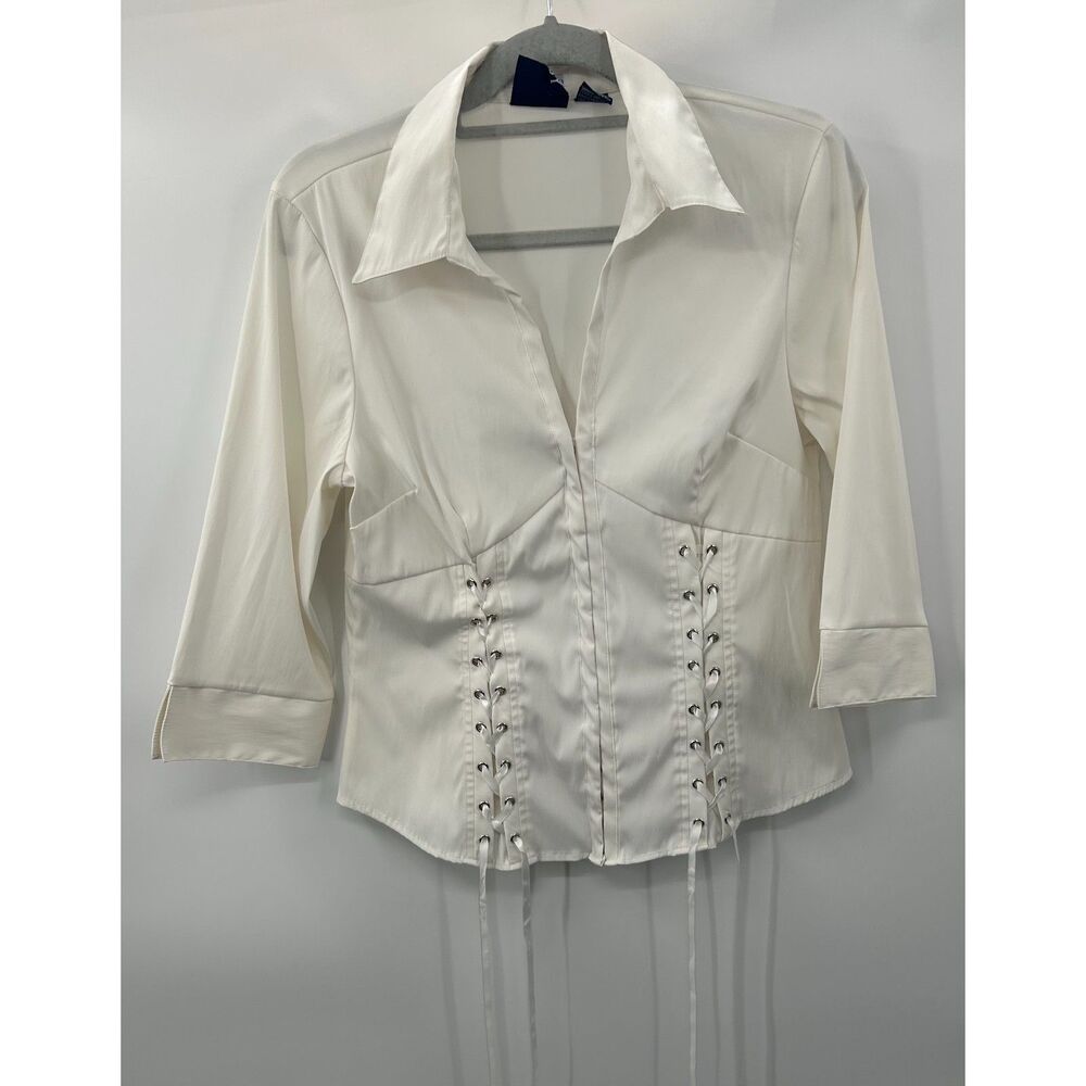 Vintage Y2K White Corset Top Lace Up Button Front Blouse Collared 3/4 Sleeve L